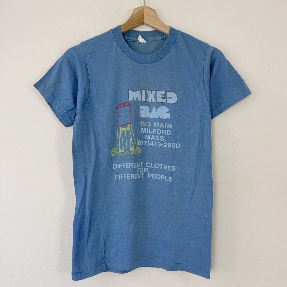 Vintage 70's Mixed Bag Art Funny Fashion Milford Massachusetts Blue Tee Shirt S